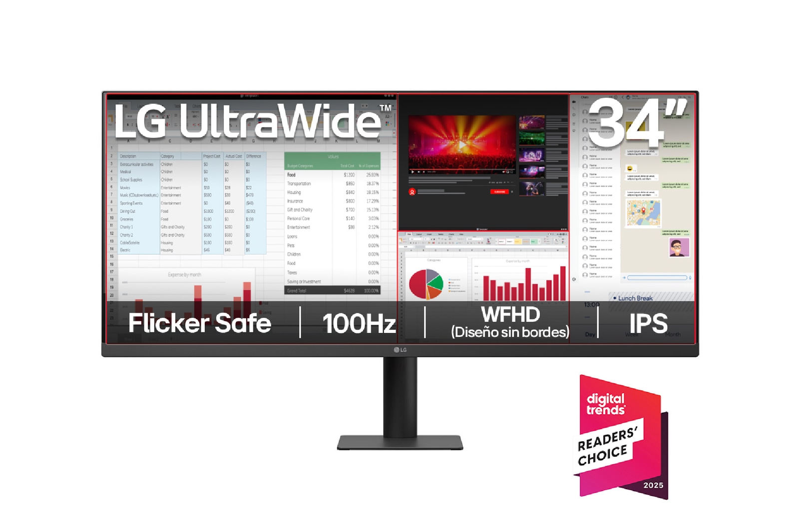 Vista frontal de Monitor LG UltraWide 34" WFHD 100Hz IPS productividad más inmersiva 34U511A-B